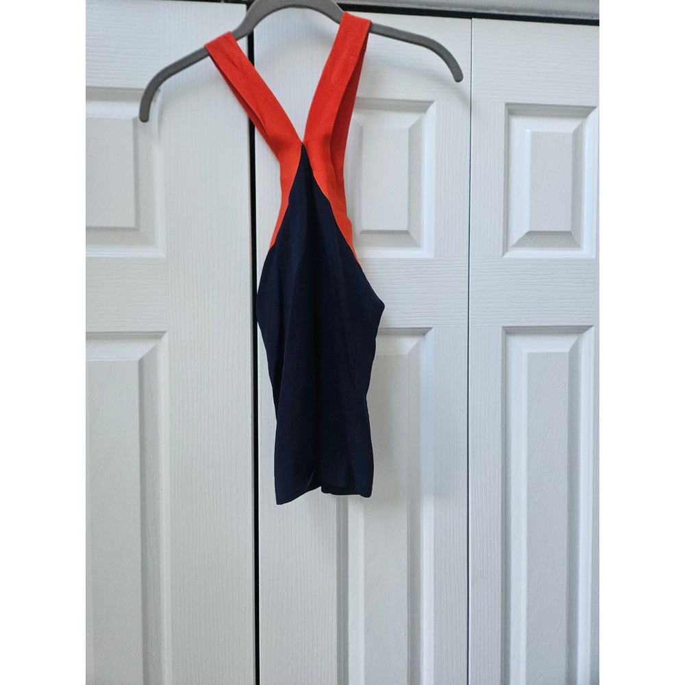 Ralph Lauren Womens XS Navy Blue Orange Colorblock Crisscross Halter Top Blouse